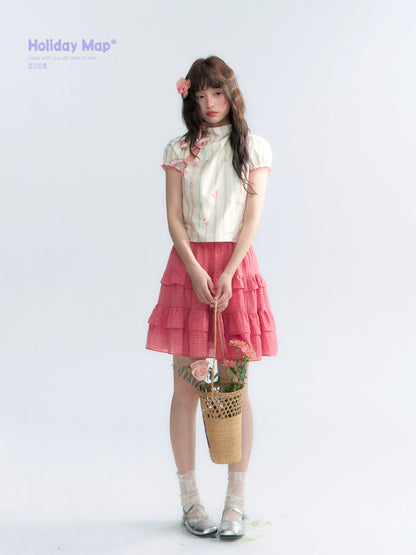 "Peach Blossom" Plum Pink Plaid Tiered A-Line Skirt