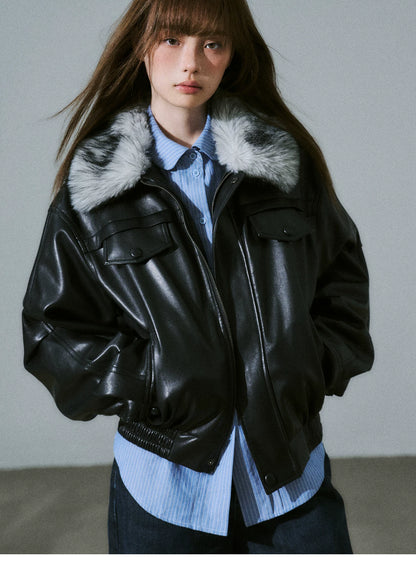 LOST FOREST - Black Faux Leather Moto Jacket with Plaid Wool Collar