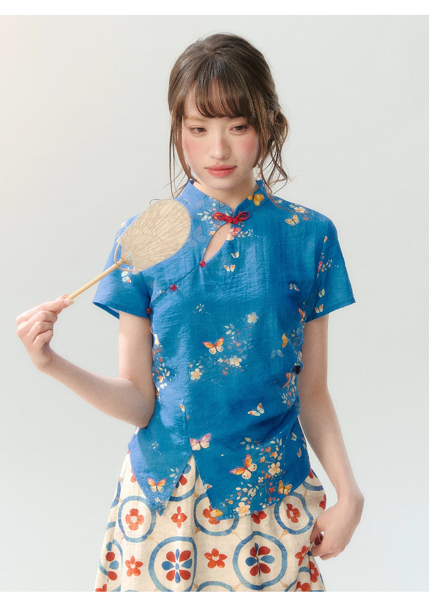 "Garden Letter" Blue Floral New Chinese Two-Piece Skirt Set
