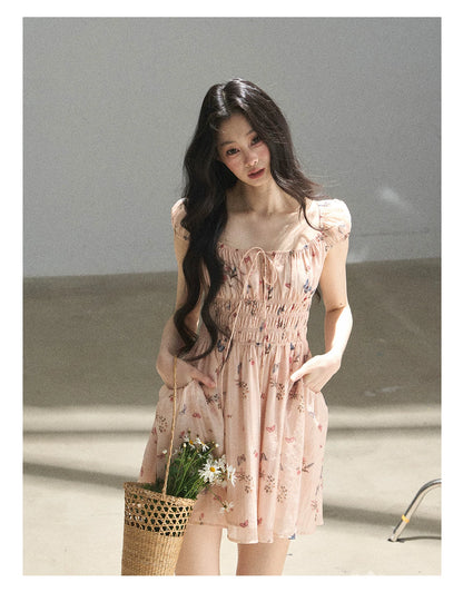 "A Meadow of Dreams" Dutch Cream Ruched Babydoll Mini Dress