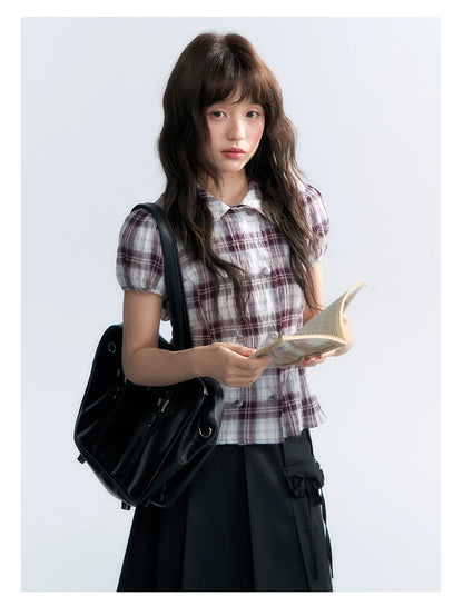 "Violet Mist Bow" Purple Brown Plaid Blouse