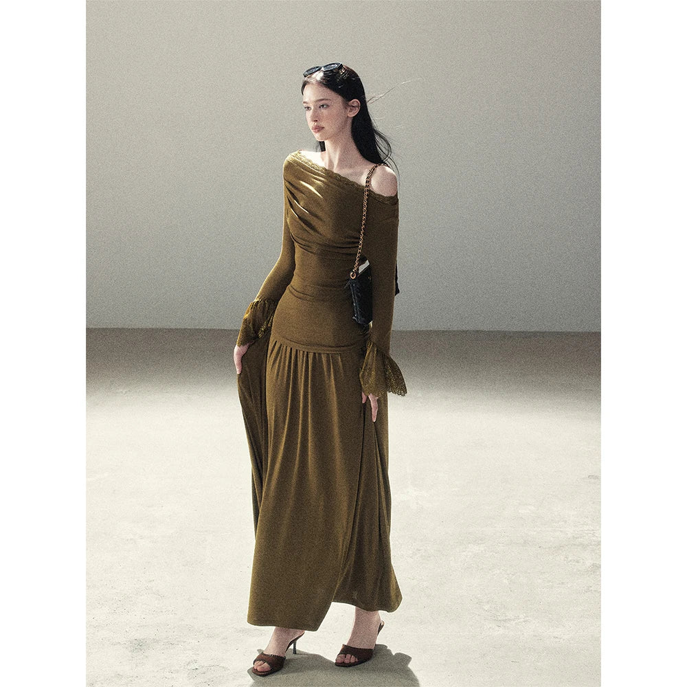 AOMALM - Terracotta Brown Lace Trim Knit Top and Maxi Skirt Set