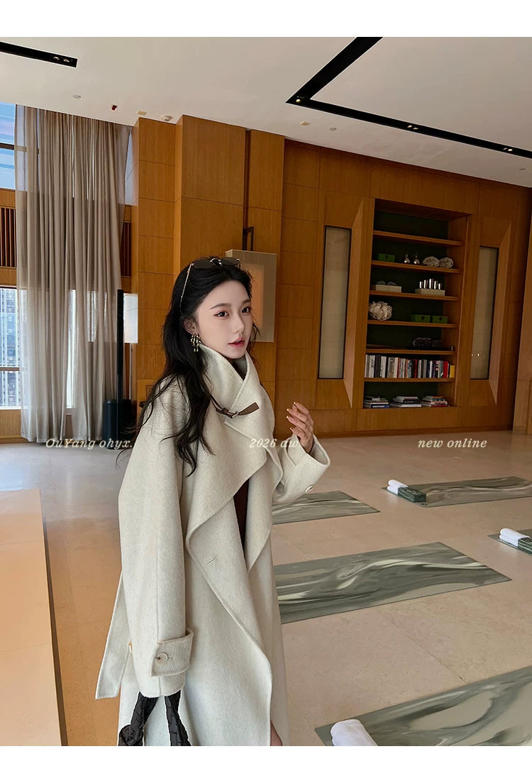 QuQuOuYang - 100% Wool Double-Face Belted Coat with Convertible Collar