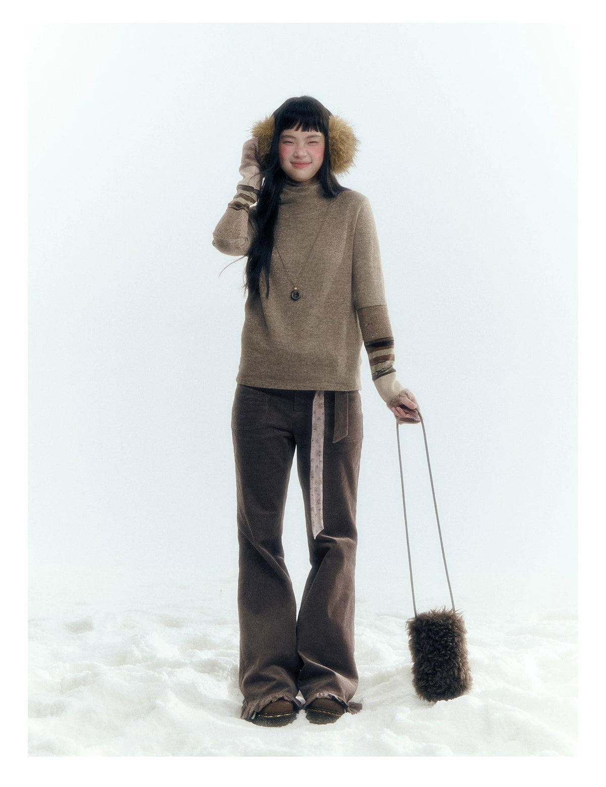 Horridale - Light Brown Colorblock High Cowl Neck Long Sleeve Top