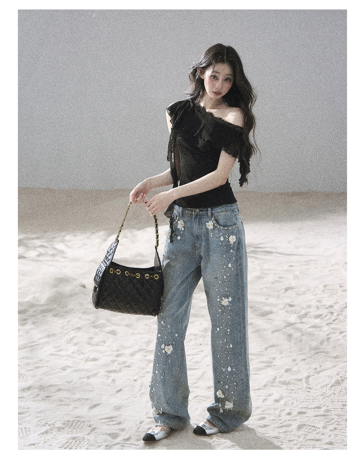"Starlit Grace" Mist Blue Handmade Floral Wide-Leg Jeans