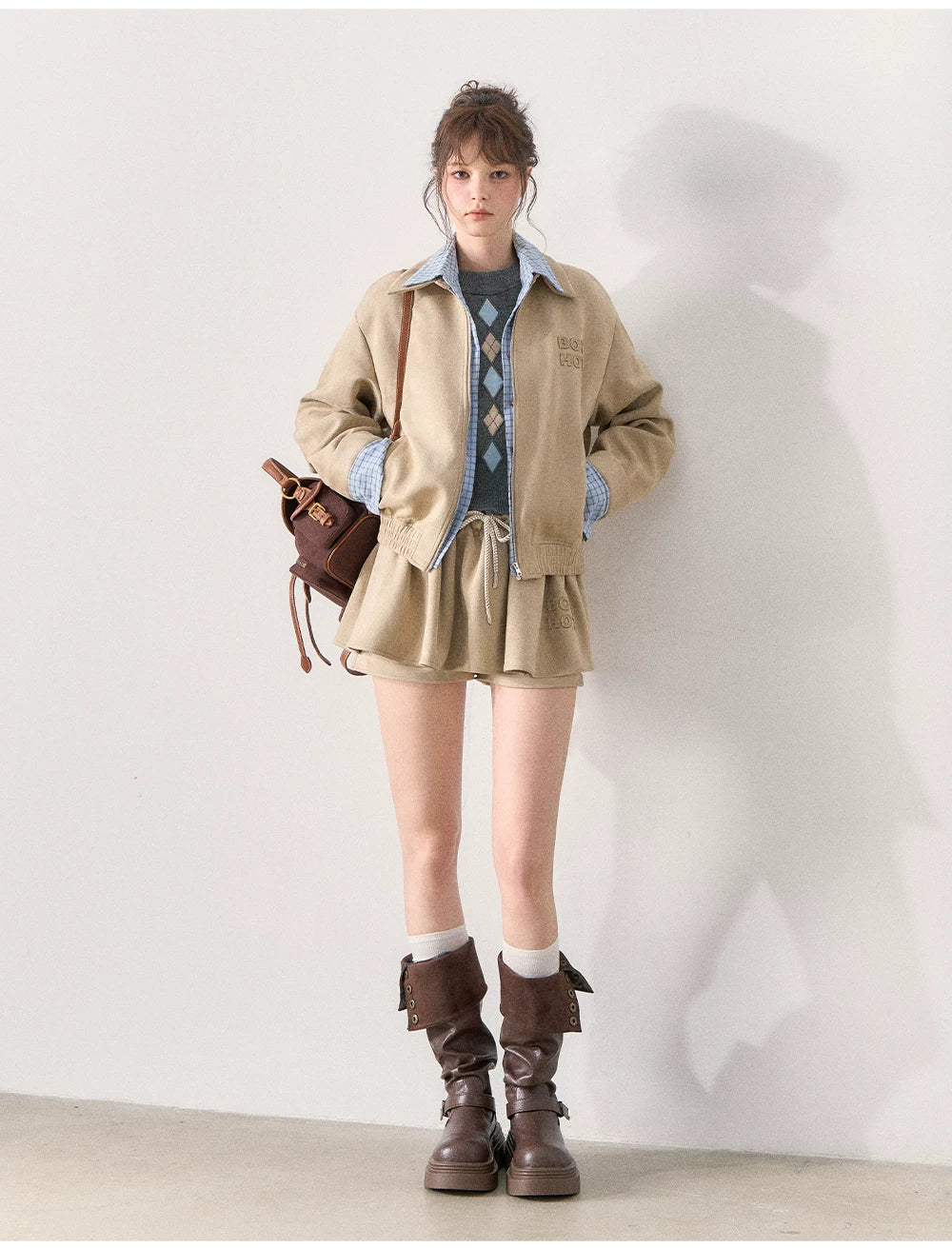 [TMMG] Light Khaki Suede Faux Two-Piece Jacket & Skirt Set
