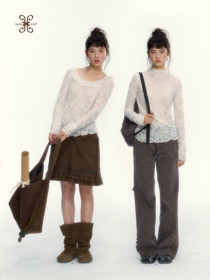 “Everyday Mist” Jacquard Lace Layering Top ( Ivory / Fog Gray )
