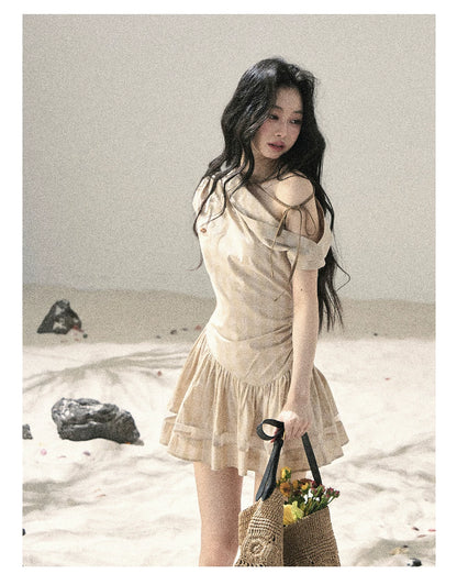"Traces Left by the Wind" Sand Beige Off-Shoulder Plaid Puff Mini Dress