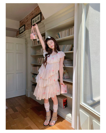 “Cloud Ruffle Reverie” Cream Apricot Floral Ruffle Dress