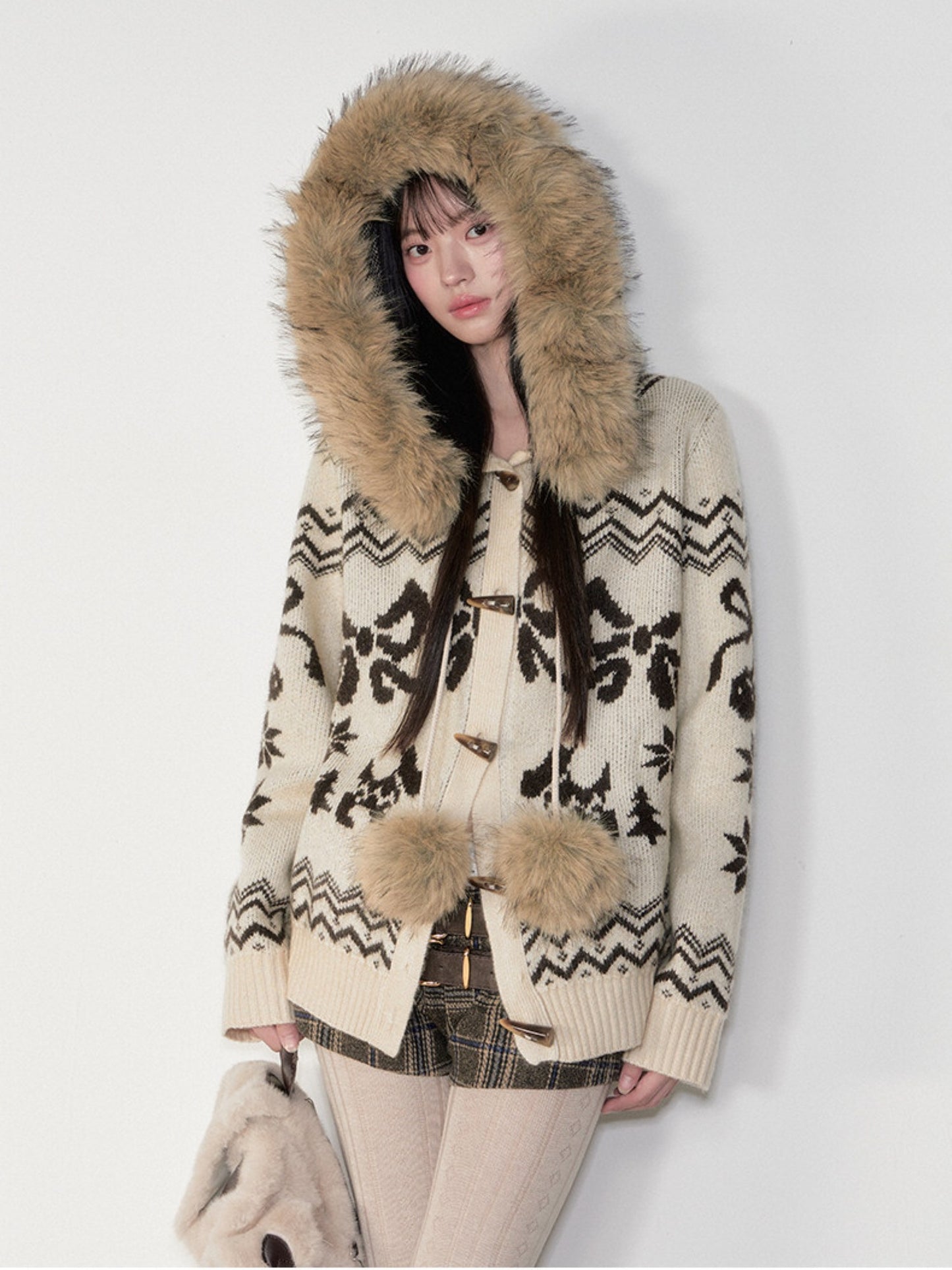 Soote Season - Fair Isle Cream Hooded Toggle Knit Jacket - Light Cream