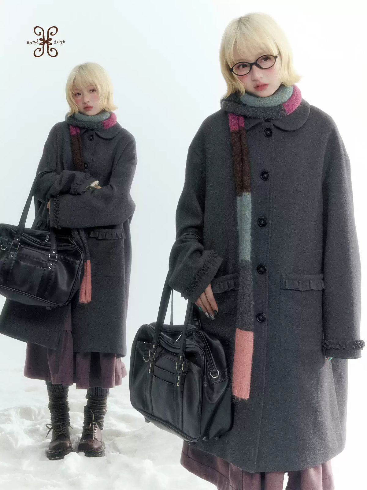 Horridale - Korean-Inspired Dark Gray Ruffle-Trim Long Wool-Blend Coat