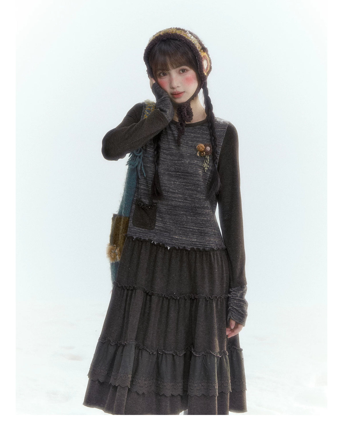 Horridale - Vintage Lace-Trim Long Sleeve Knit Dress – Brown