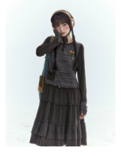Horridale - Vintage Lace-Trim Long Sleeve Knit Dress – Brown