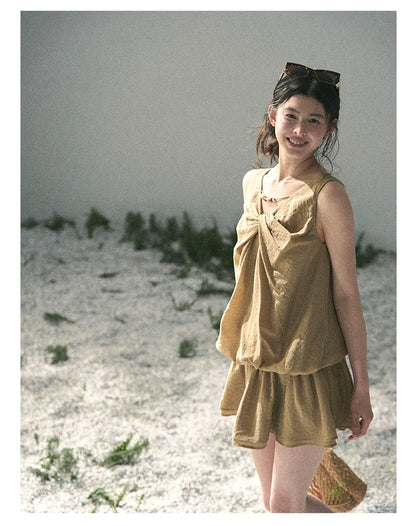 “Whispering Grass” Milk Tea Twist Mini Dress