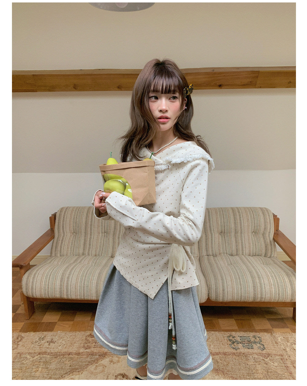 “Mocha Poetry Reverie” Ivory Polka Fringe Sweatshirt
