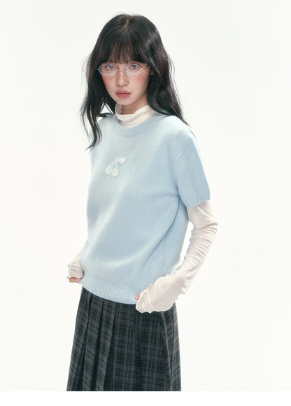 [CAN] Cropped Knit Top with Cherry Jacquard Detail