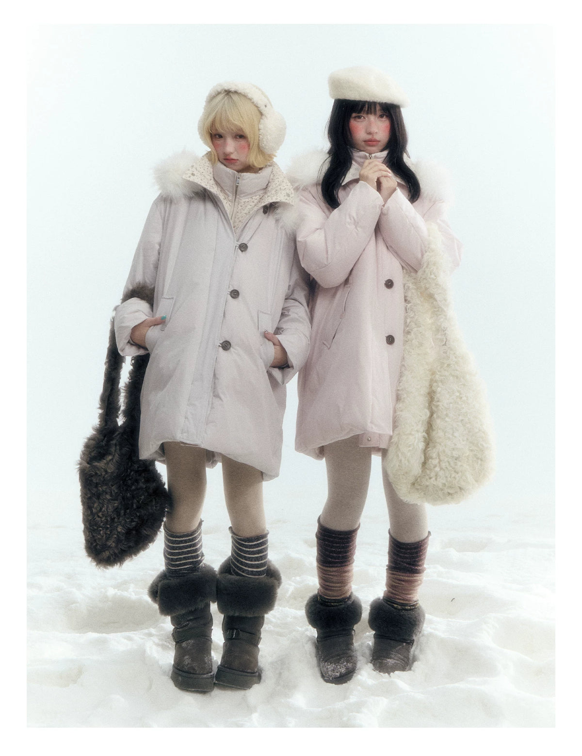 Horridale - Snow-Dusted Floral 90% White Duck Down Puffer Jacket (Light Peach Pink / Silver Gray)