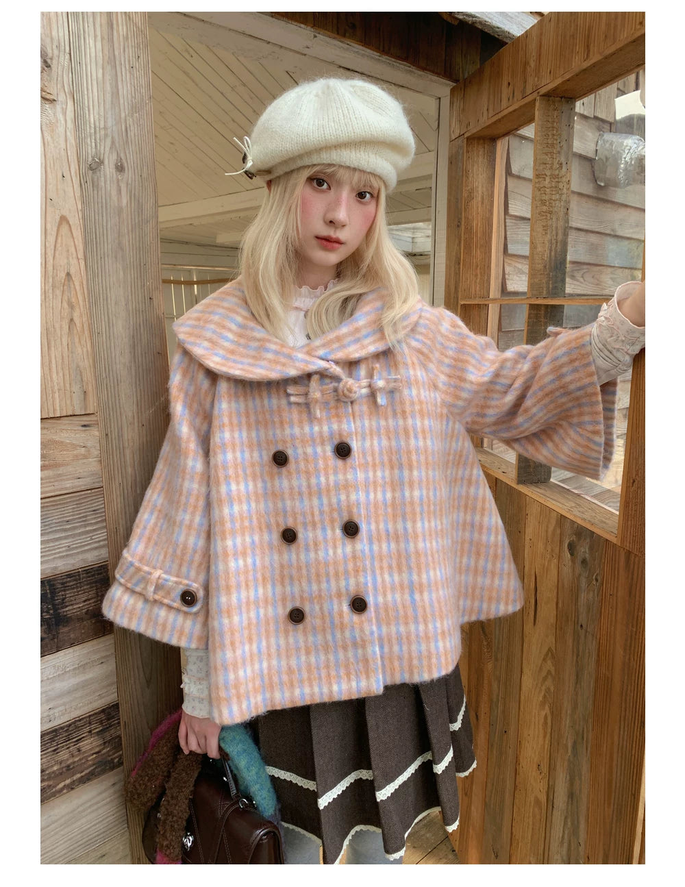 RF - Orange Plaid Cropped Cape Coat with Apricot Faux Fur Collar