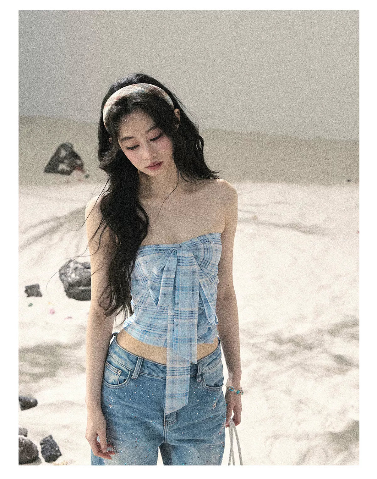 "Blue Danube Reverie" Mist Blue Bow Bandeau Crop Top & Cardigan Set 54638463