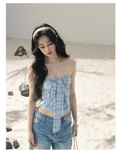"Blue Danube Reverie" Mist Blue Bow Bandeau Crop Top & Cardigan Set 54638463