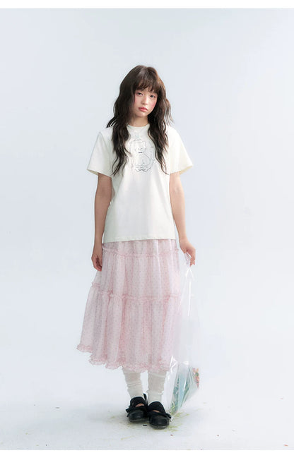 "Garden Kitty" Ivory Embroidered Cat Cotton T-Shirt
