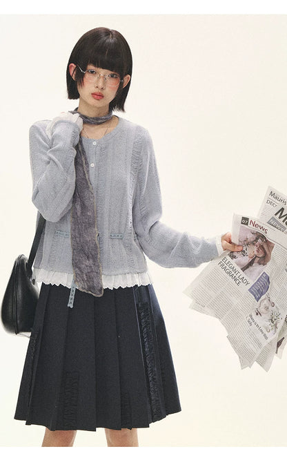"Wisteria Whisper" Open-Knit Lace Tie Cardigan (Wisteria/ Ivory)