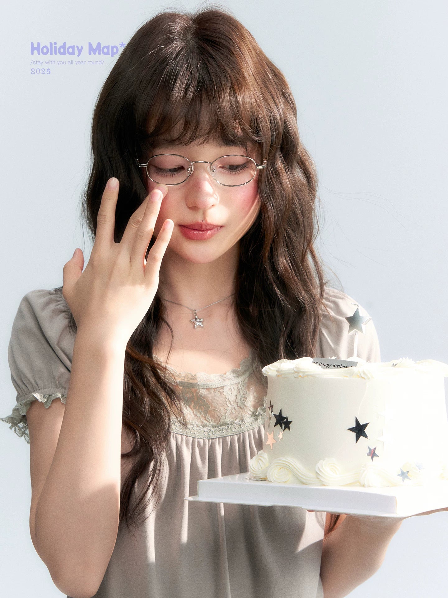 "Vintage Cream" Milk Gray Lace Trim Puff Sleeve T-Shirt