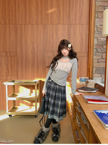 阮阮自制 - Satin Knot Mist Gray Lace-Panel Knit Base Top