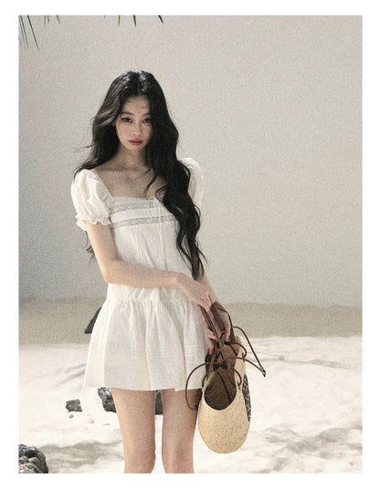 "Light as a Cloud" Frost White Puff Sleeve Lace Babydoll Mini Dress