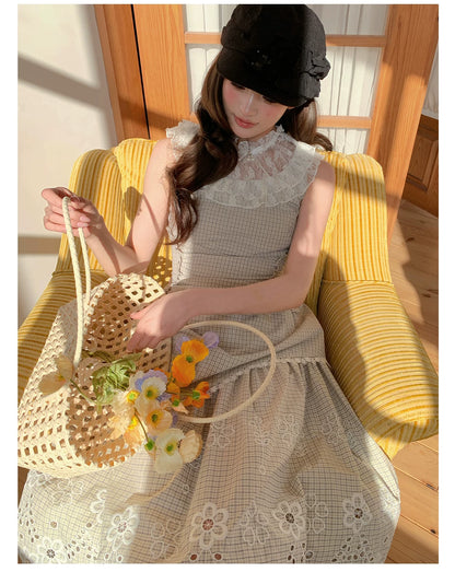 “Tea Garden Reverie” Light Apricot Plaid Embroidered Dress