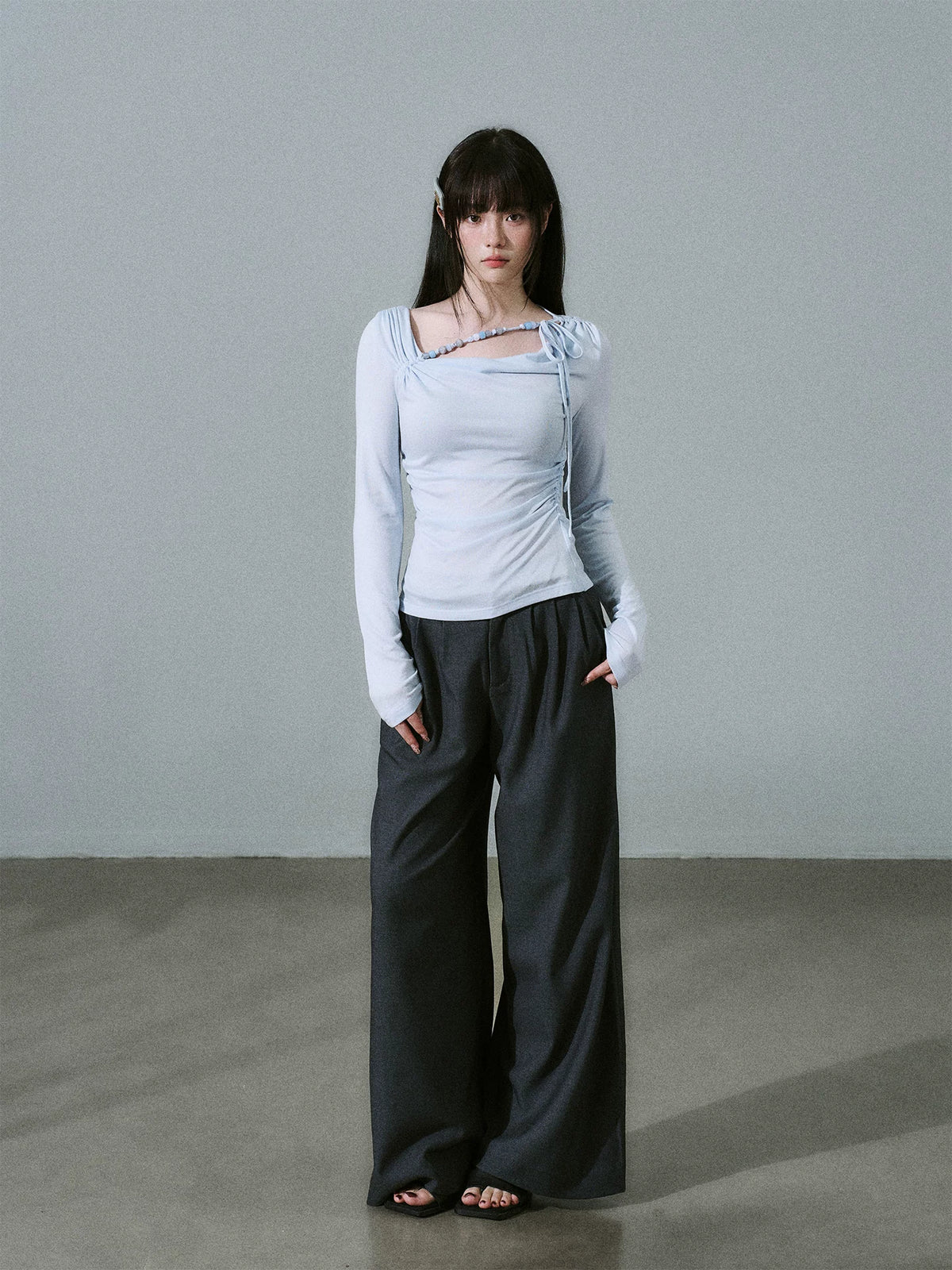 LOST FOREST - Low-Rise Triple-Pleat Wide-Leg Trousers (Black / Red Brown / Gray)