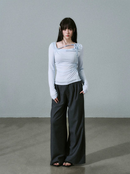 LOST FOREST - Low-Rise Triple-Pleat Wide-Leg Trousers (Black / Red Brown / Gray)