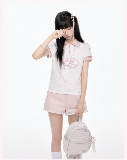 KYOUKO - Cherry Pink Lace-Trim Shorts