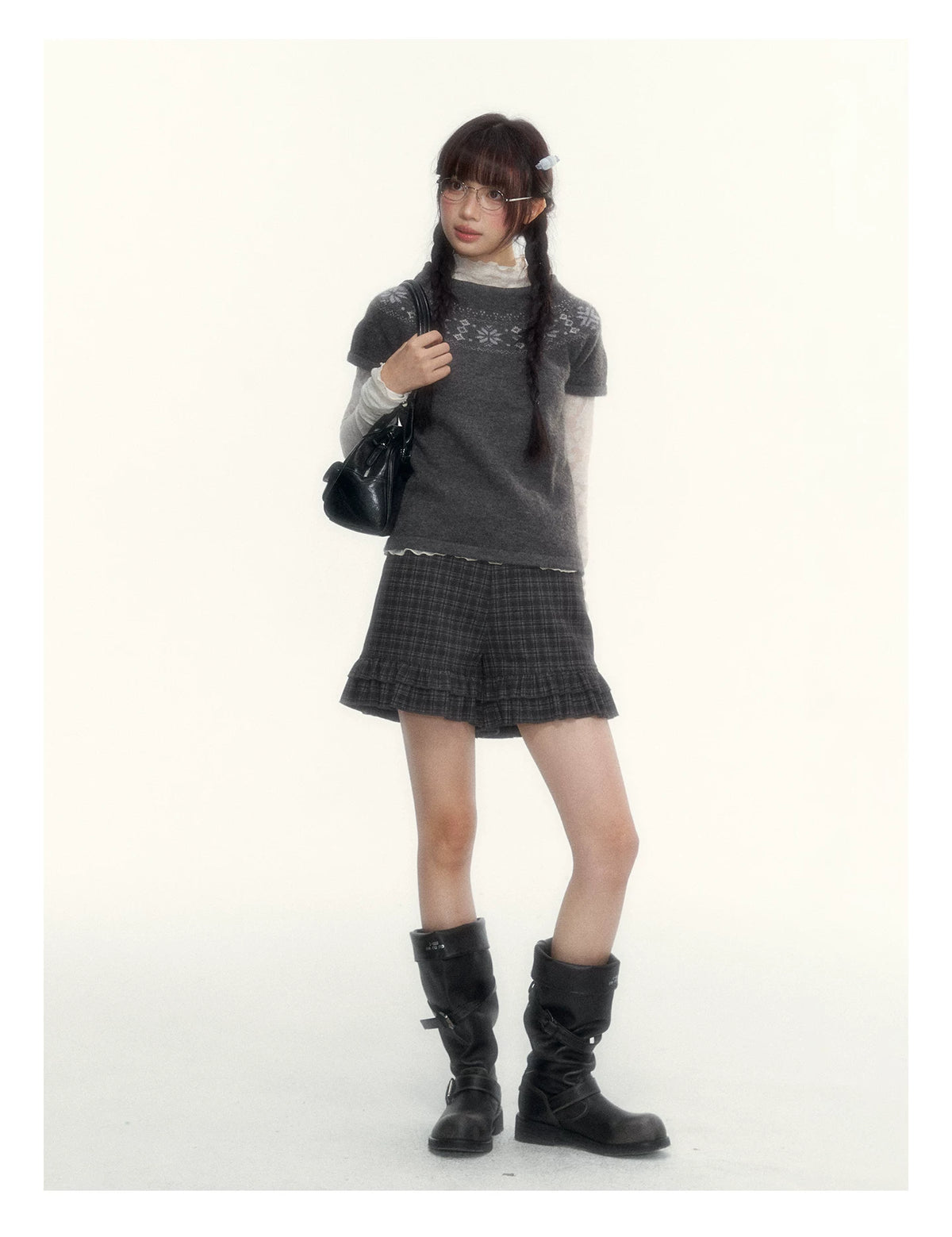 Deep Gray Fair Isle Short-Sleeve Knit Sweater