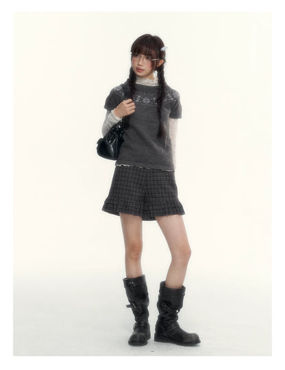 Deep Gray Fair Isle Short-Sleeve Knit Sweater