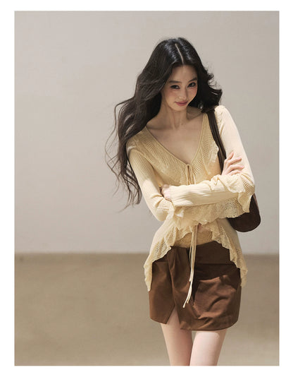 AOMALM - "The Gap of Light" Cheese Yellow Korean Ruffle Lace-Trim Knit Cardigan