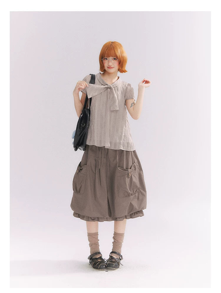 “Formatted Memories” Gray Plaid Textured Bow Tie Puff Sleeve Blouse