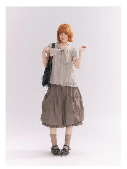 “Formatted Memories” Gray Plaid Textured Bow Tie Puff Sleeve Blouse