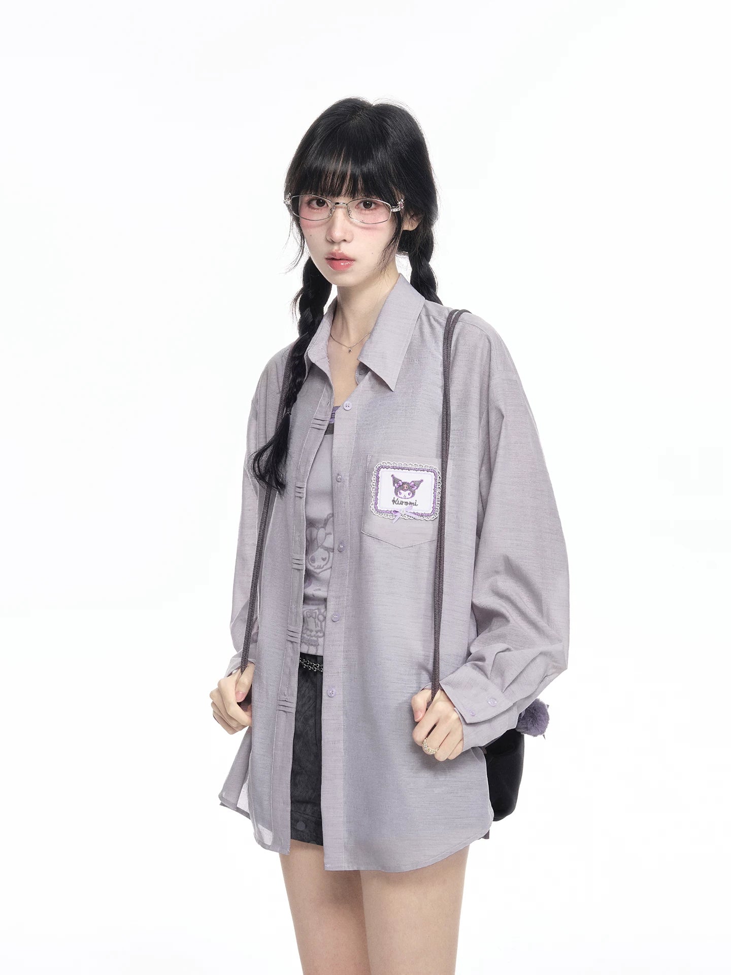 170726K "Campus Icons" Gray Purple Relaxed Polo Overshirt (Kuromi / My Melody / Cinnamoroll)