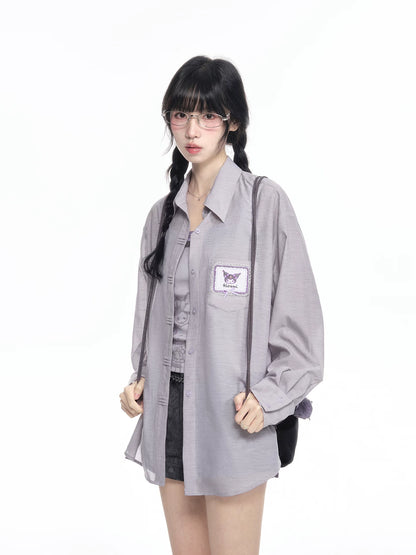 170726K "Campus Icons" Gray Purple Relaxed Polo Overshirt (Kuromi / My Melody / Cinnamoroll)