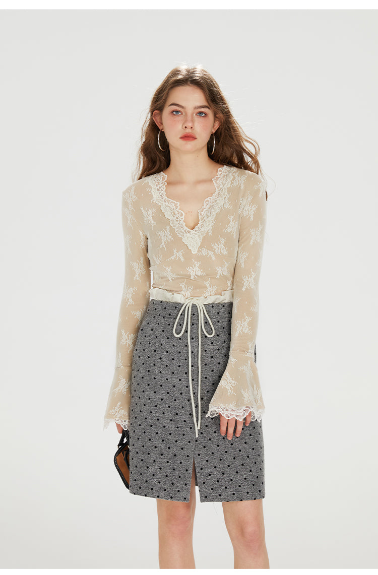 French Lace V-neck Knitted Top