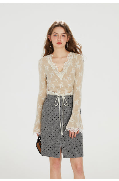 French Lace V-neck Knitted Top