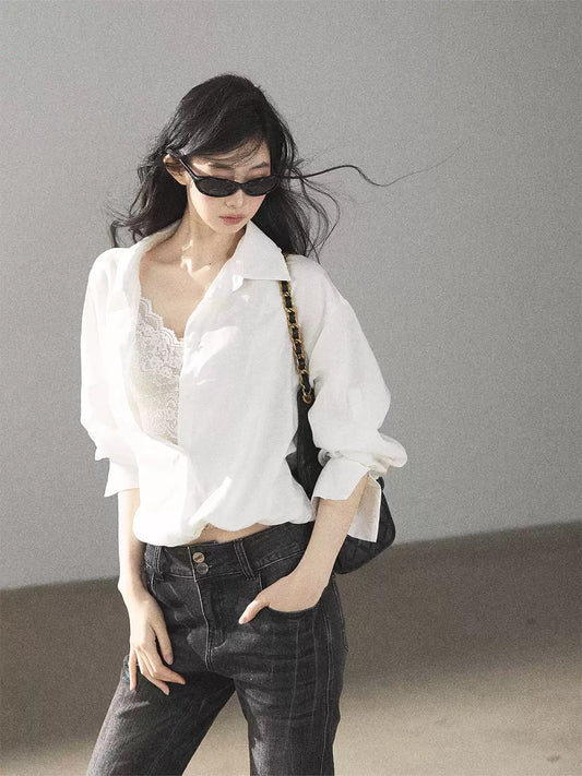 AOMALM - "Wandering Sunlight" Almond Beige Faux Two-Piece Lace Shirt Top