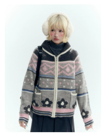 Horridale - Gray Pink Fair Isle Floral Zip-Up Knit Cardigan