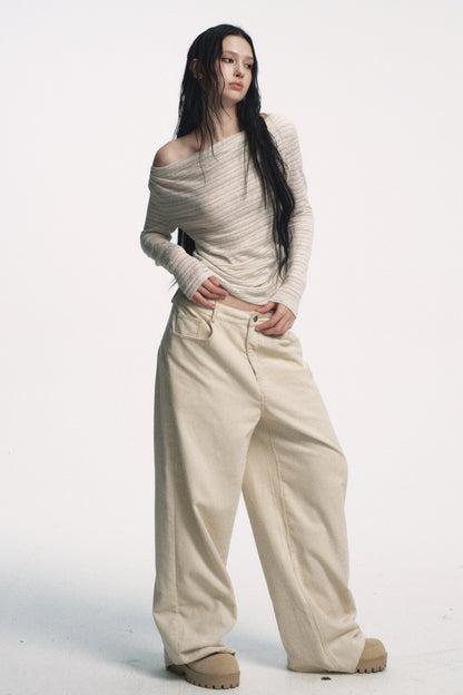 Muirgen - Y2K Mid-Low Rise Paint-Wash Loose Cargo Denim Pants - White Corduroy