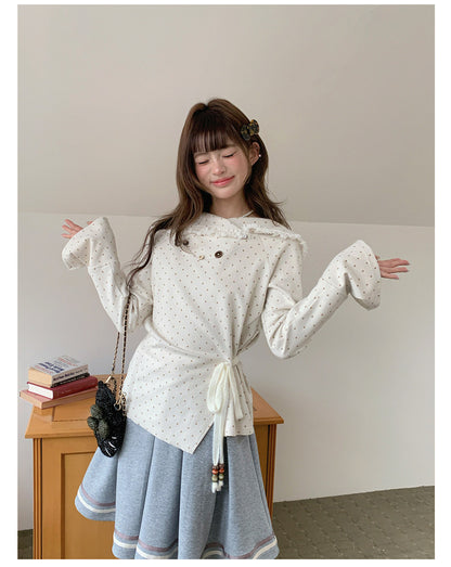 “Mocha Poetry Reverie” Ivory Polka Fringe Sweatshirt