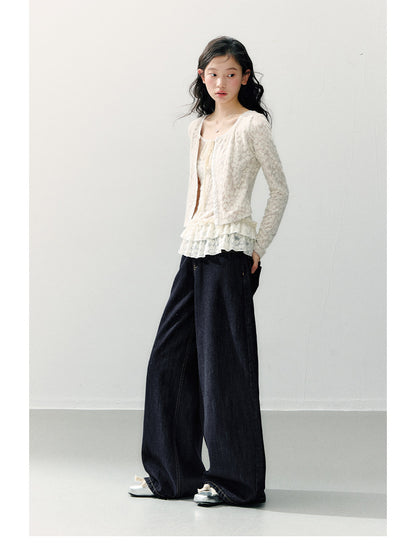 ANNATTO - Beige Apricot Faux Two-Piece Lace Long Sleeve Top & Blue Denim Pants Set