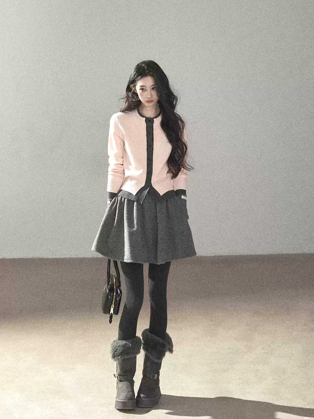 AOMALM - Cinnamon Pink Faux Layered Cropped Cardigan Sweater
