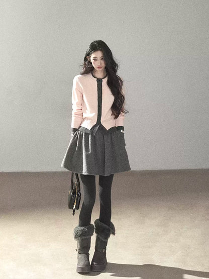 AOMALM - Cinnamon Pink Faux Layered Cropped Cardigan Sweater