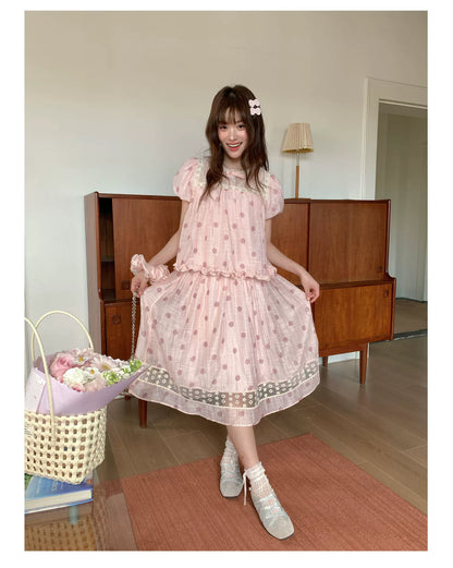 [RF] “Peach Polka Daydream” Pink Polka Dot Two-Piece Skirt Set